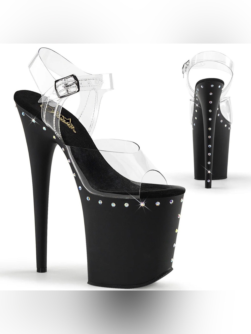 Pleasers Flamingo-808ABLS Size 7 Matte Black Crystals Clear Strap